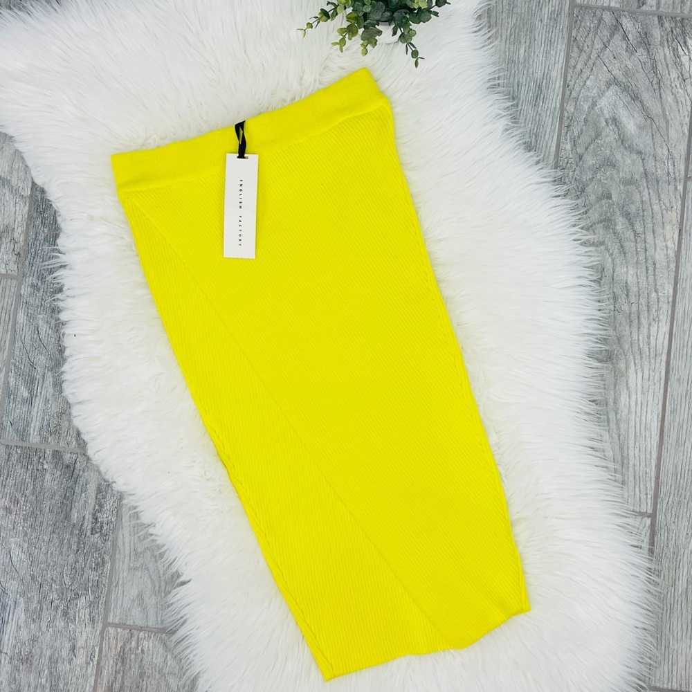 NWT ENGLISH FACTORY YELLOW HIGH WAIST ASYMMETRICAL HIGH SLIT BLDY CON SKIRT